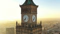 Warsaw, Poland 01.11.2020 Golden sunrise over the Warsaw in mist and Palace of culture and science. Aerial