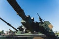 16.08.2023 Warsaw, Poland. Haubica Krab, The AHS Krab tank gun, barrel muzzle of a military army close-up. Low angle Royalty Free Stock Photo