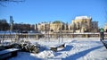 Old town is the historic center of Warsaw. Sights of Poland. Snow day. Winter, architecture concept.