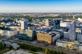 WARSAW, POLAND - JMAY 07, 2018. Aerial drone view from above of city center skyline Royalty Free Stock Photo