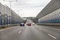 Warsaw, Poland- July 1, 2023: Motorway highway noise absorbing barriers are reducing noise pollution in Polish cities