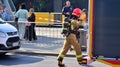 Warsaw, Poland. 4 June 2023. Firemen and burnt tram transport. Fire brigade action.