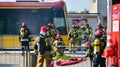 Warsaw, Poland. 4 June 2023. Firemen and burnt tram transport. Fire brigade action.