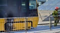 Warsaw, Poland. 4 June 2023. Firemen and burnt tram transport. Fire brigade action.