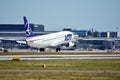 Plane LOT - Polish Airlines Boeing 737 just before landing at the Chopin airport. Royalty Free Stock Photo