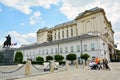 Street view with statue of Prince Jozef Poniatowski and Bristol Hotel at Krakowskie Przedmiescie street in Warsaw Royalty Free Stock Photo