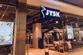 WARSAW. POLAND - MAY 21, 2023: JYSK brand retail shop logo signboard on the storefront in the shopping mall