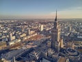 WARSAW, POLAND - NOVEMBER 20, 2018: Beautiful panoramic aerial drone view to the center of Warsaw City and Palace of Culture and Royalty Free Stock Photo