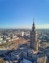 WARSAW, POLAND - NOVEMBER 20, 2018: Beautiful panoramic aerial drone view to the center of Warsaw City and Palace of Culture and Royalty Free Stock Photo