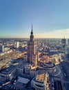 WARSAW, POLAND - NOVEMBER 20, 2018: Beautiful panoramic aerial drone view to the center of Warsaw City and Palace of Culture and Royalty Free Stock Photo