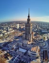 WARSAW, POLAND - NOVEMBER 20, 2018: Beautiful panoramic aerial drone view to the center of Warsaw City and Palace of Culture and Royalty Free Stock Photo