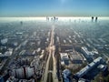 WARSAW, POLAND - NOVEMBER 17, 2018: Beautiful panoramic aerial drone view to the center of Warsaw City and Palace of Culture and Royalty Free Stock Photo