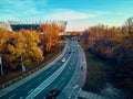 WARSAW, POLAND - NOVEMBER 17, 2019: Beautiful sunset panoramic aerial drone view to panorama of Warsaw modern City with skyscraper Royalty Free Stock Photo