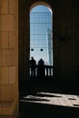 WARSAW, POLAND, OCT 14 2018 - Silhouette of two men at the viewpoint terrace of Palace of Culture and Science