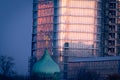 Warsaw, Poland. 30 october 2021. Architect Starov and New City in one photo. Temple and skyscraper at dawn