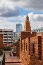 Beautiful red brick old town fortifications with defensive walls and towers and warsaw Barbican