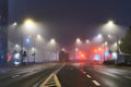 Warsaw, Poland - October 22, 2023 - Empty night streets during fog. Lockdown in the country