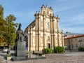 Square with a sculpture of Cardinal Stefan Wyszynski and Visitationist Church in Warsaw.