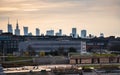 Warsaw, Poland - panorama of a city skyline at sunset. Cityscape view of Warsaw. Skyscrapers in Warsaw. Sunset over the river Royalty Free Stock Photo