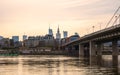 Warsaw, Poland - panorama of a city skyline at sunset. Cityscape view of Warsaw. Skyscrapers in Warsaw. Sunset over the river Royalty Free Stock Photo