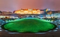 Warsaw, Poland - a panorama of the Royal Castle with the garden and Arcades of Kubicky at night. Royalty Free Stock Photo