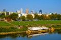 Warsaw, Poland - Panoramic view of the Warsaw city center skyscrapers and Solec district across the Vistula river contrasting with Royalty Free Stock Photo