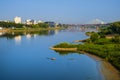 Warsaw, Poland - Panoramic view of the Poniatowskiego bridge and Swietokrzyski bridge across the Vistula river with Warsaw city Royalty Free Stock Photo