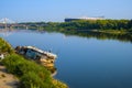 Warsaw, Poland - PGE Narodowy national stadium, Poniatowskiego bridge and Swietokrzyski bridge across the Vistula river Royalty Free Stock Photo