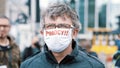 Warsaw, Poland, 05.07.2020. - Protest of the Entrepreneurs. Portrait of a man with facemask with written HELP