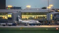 WARSAW, POLAND - SEPTEMBER 14, 2017. Finnair Oyj commercial airplane boarding at the international Chopin airport