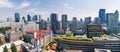 7.22.2022 Warsaw, Poland. Vide panoramic aerial shot of eclectic city centre and distinguishable red slates of one of