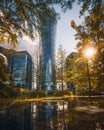 Warsaw, Poland - a view of a skyscraper in the business part of the city. Office buildings in the Warsaw. Sunset in the city Royalty Free Stock Photo