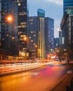 Warsaw, Poland - a view of a skyscrapers in the business part of the city. Office buildings in the Center of Warsaw. Light trails. Royalty Free Stock Photo