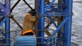 Warsaw Poland 22.01.2019 Work in progress of construction worker welding metal of a column structure pillar of Gdanski