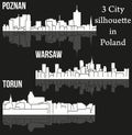 Warsaw, Poznan, Torun 3 city silhouette in Poland