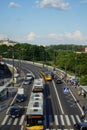 Warsaw public transport in the city centre at Old City stop. Buses and trams. Royalty Free Stock Photo