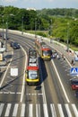 Warsaw public transport in the city centre at Old City stop. Trams, passangers are waityng, geting Royalty Free Stock Photo