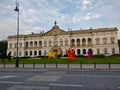 Warsaw\'s municipal library building with some big origami like Pegasus sculptures during early morning