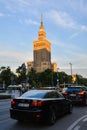 The Palace of Culture and Science and street traffic in Warshaw city