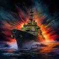 Warship arleigh burke class with colorful smoke created with Generative AI Royalty Free Stock Photo