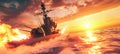 A warship fires its cannons at the setting sun, creating a dramatic scene of fire and smoke against the backdrop of a fiery sky Royalty Free Stock Photo