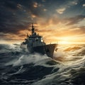 Warship frigate on the high seas. Threat. War, military maneuvers Royalty Free Stock Photo