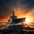 Warship frigate on the high seas. Threat. War, military maneuvers Royalty Free Stock Photo