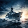 Warship frigate on the high seas. Threat. War, military maneuvers. Royalty Free Stock Photo
