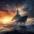 Warship frigate on the high seas. Threat. War, military maneuvers Royalty Free Stock Photo