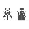 Warship line and solid icon. Armed ship, sea battleship or destroyer symbol, outline style pictogram on white background