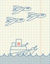 Warship and military aircraft Hand drawing in notebook paper. Fe