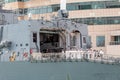 Warship in port of barcelona with japan flag of second world war Royalty Free Stock Photo