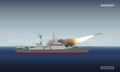 Warship shooting a rocket. Military ship and a missile on sea background. News image about the armed conflict