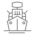 Warship thin line icon. Armed ship, sea battleship or destroyer symbol, outline style pictogram on white background